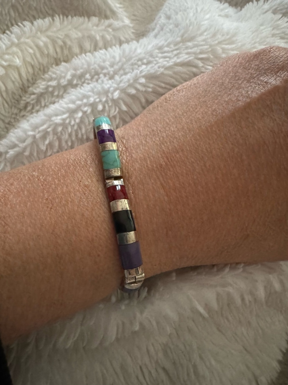 Vintage Gorgeous Mexican Sterling Multi-Stone Inlaid Bracelet w/Safety Clasp